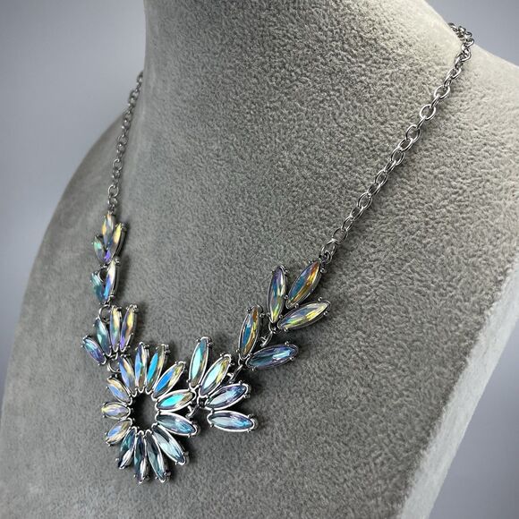Silver Tone Blue AB Glass Starburst Bib Statement Necklace Bling Collar Bold - Picture 3 of 6
